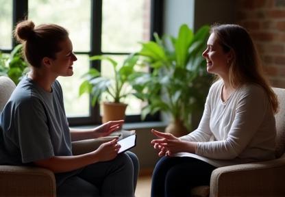 Therapist discussing wellness strategy with client